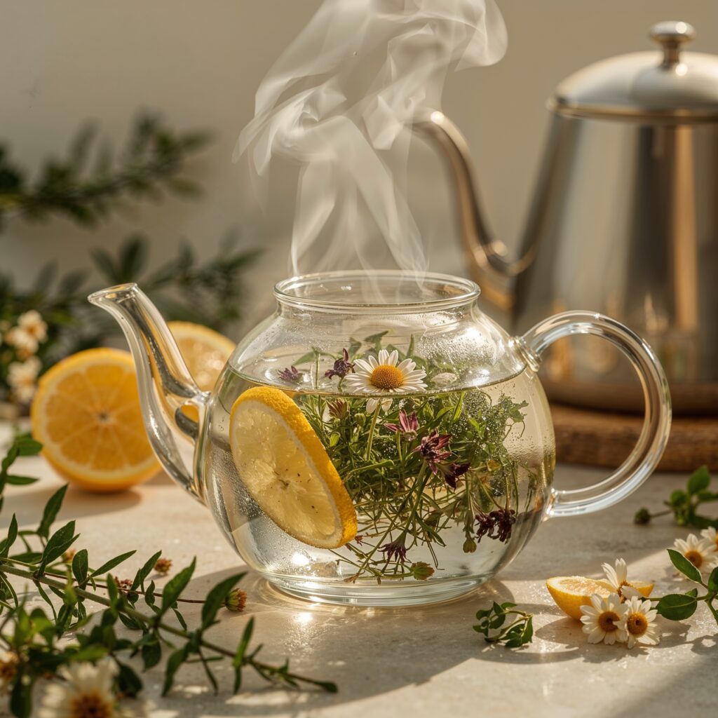 Pouring hot water over herbs and lemon in glass teapot