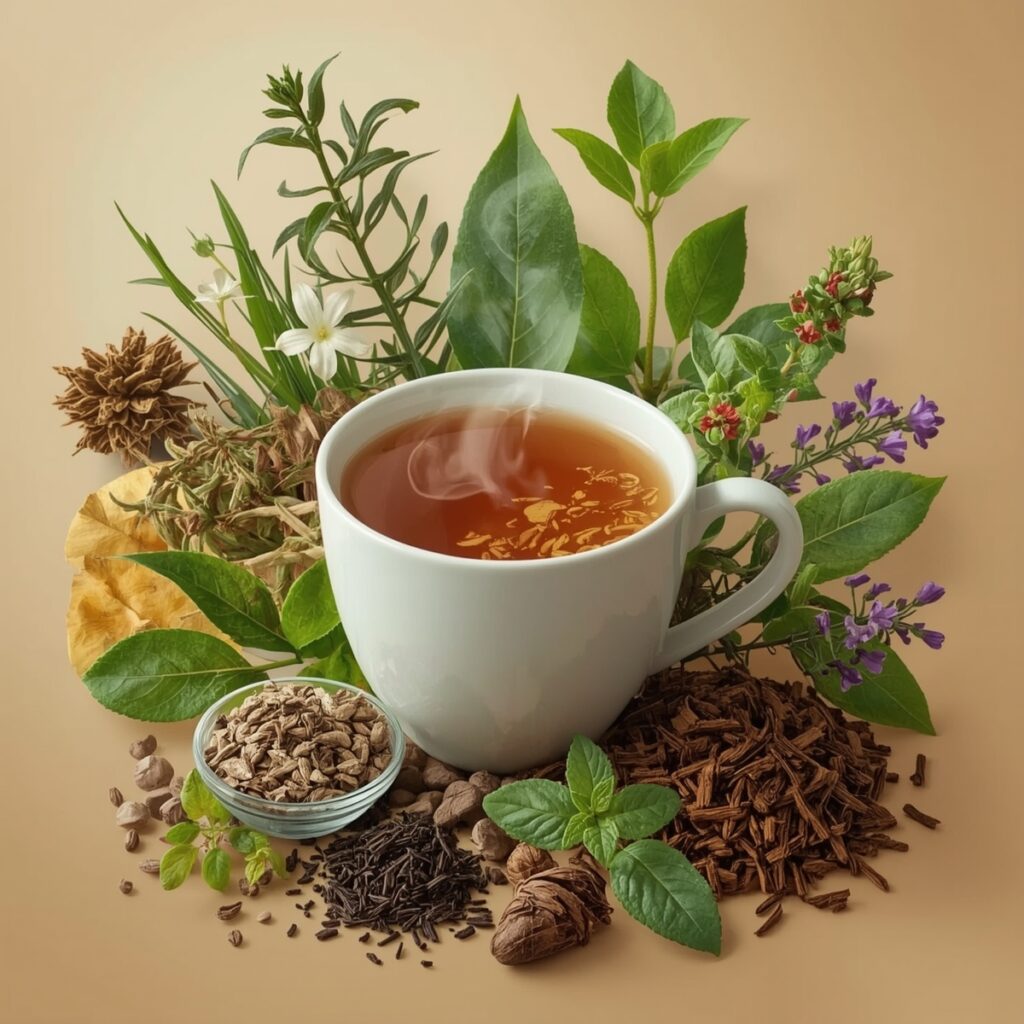 Ayurvedic herbs like ashwagandha and tulsi with organic detox tea promoting health.