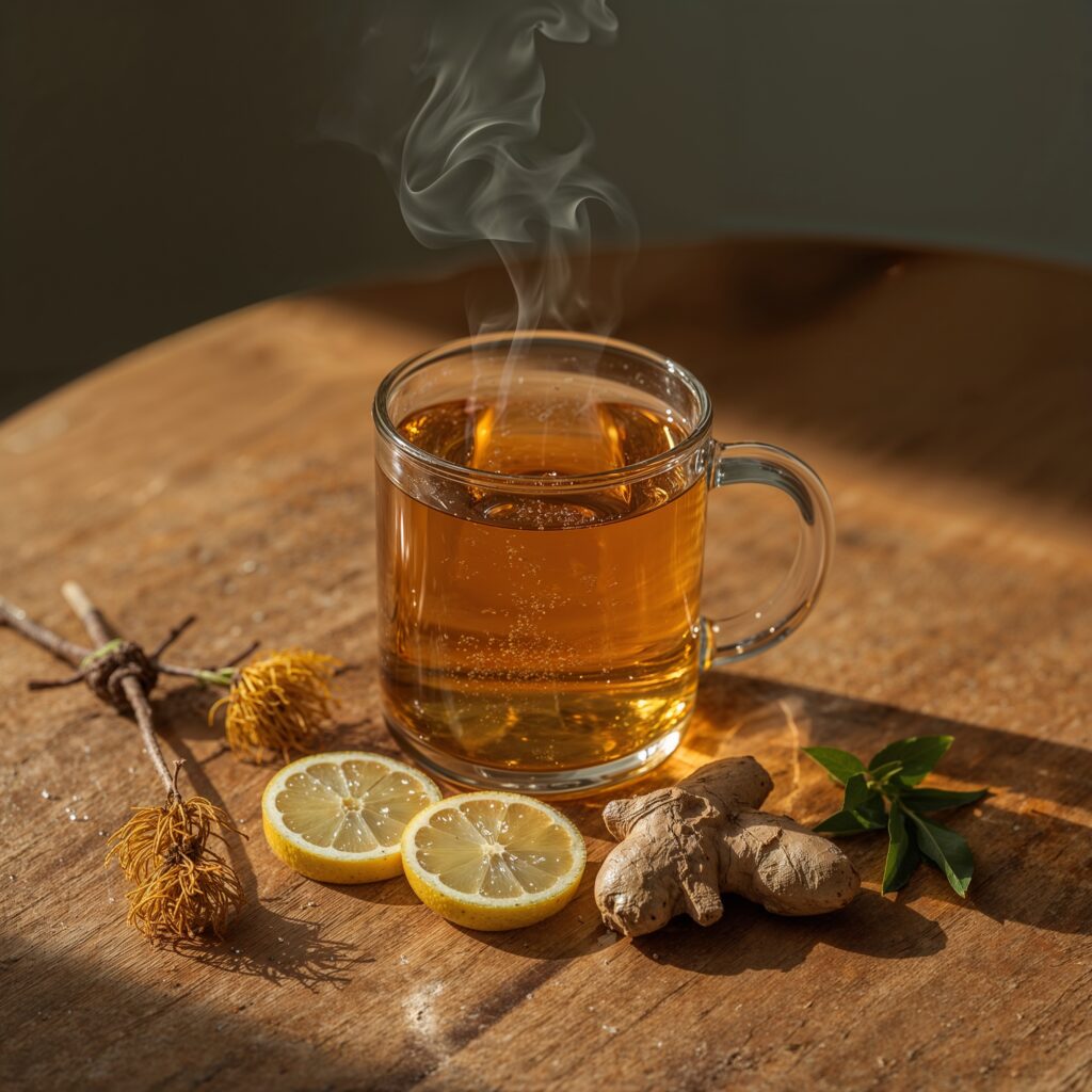 Hot detox tea with lemon, ginger, and dandelion root on a rustic wooden table