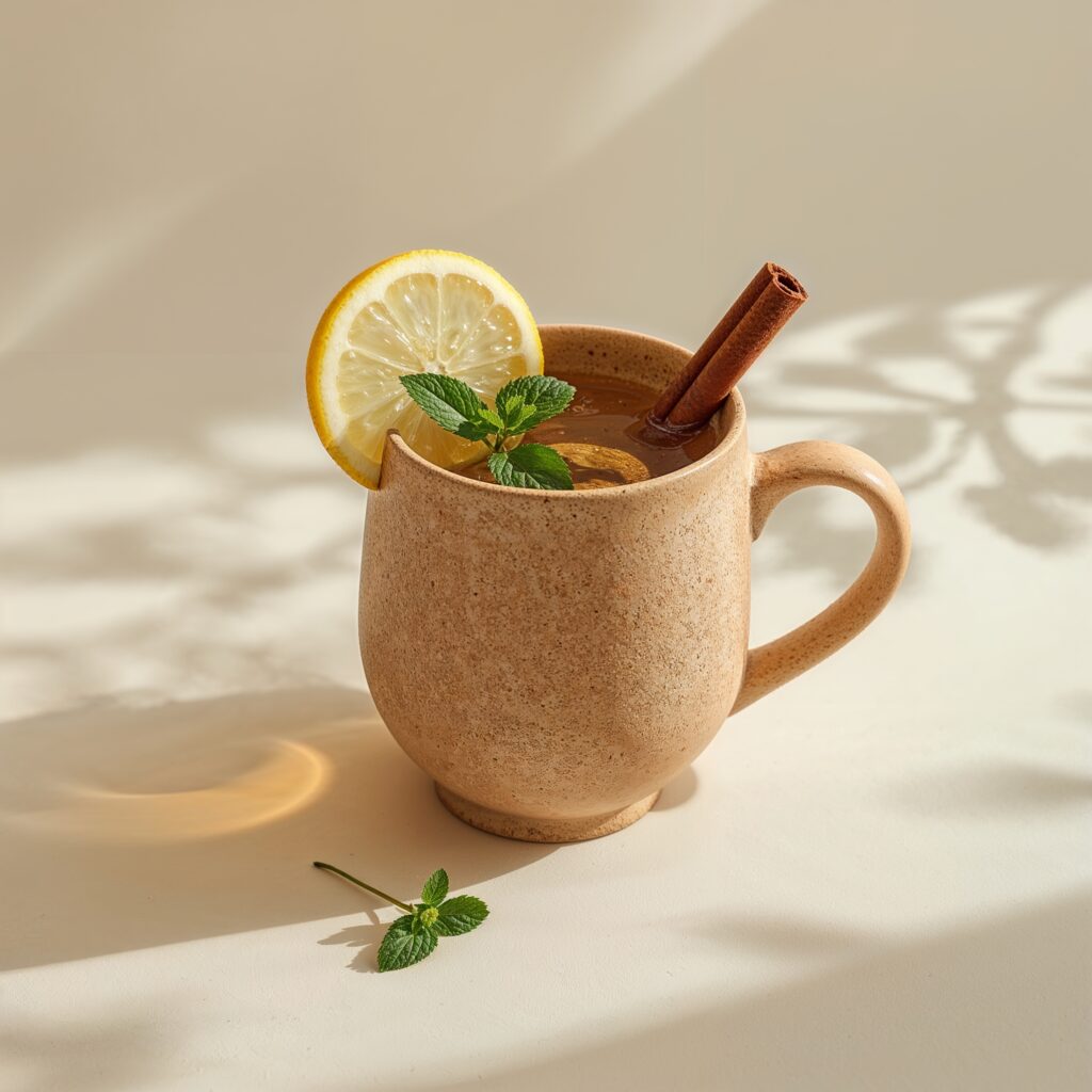 Detox tea in a ceramic mug garnished with lemon slice, fresh mint, and cinnamon stick in soft natural light