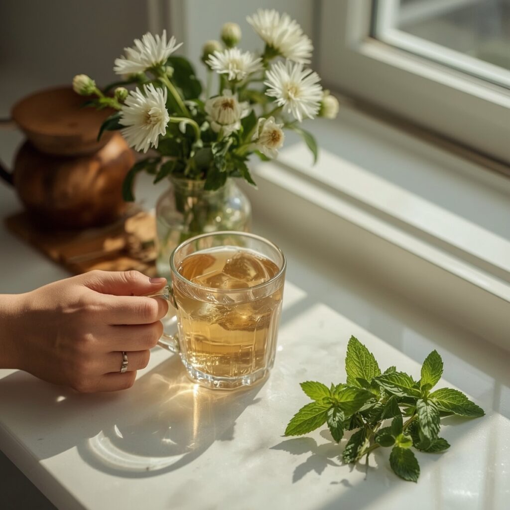 Person enjoying organic detox tea in a bright, peaceful kitchen with fresh herbs.