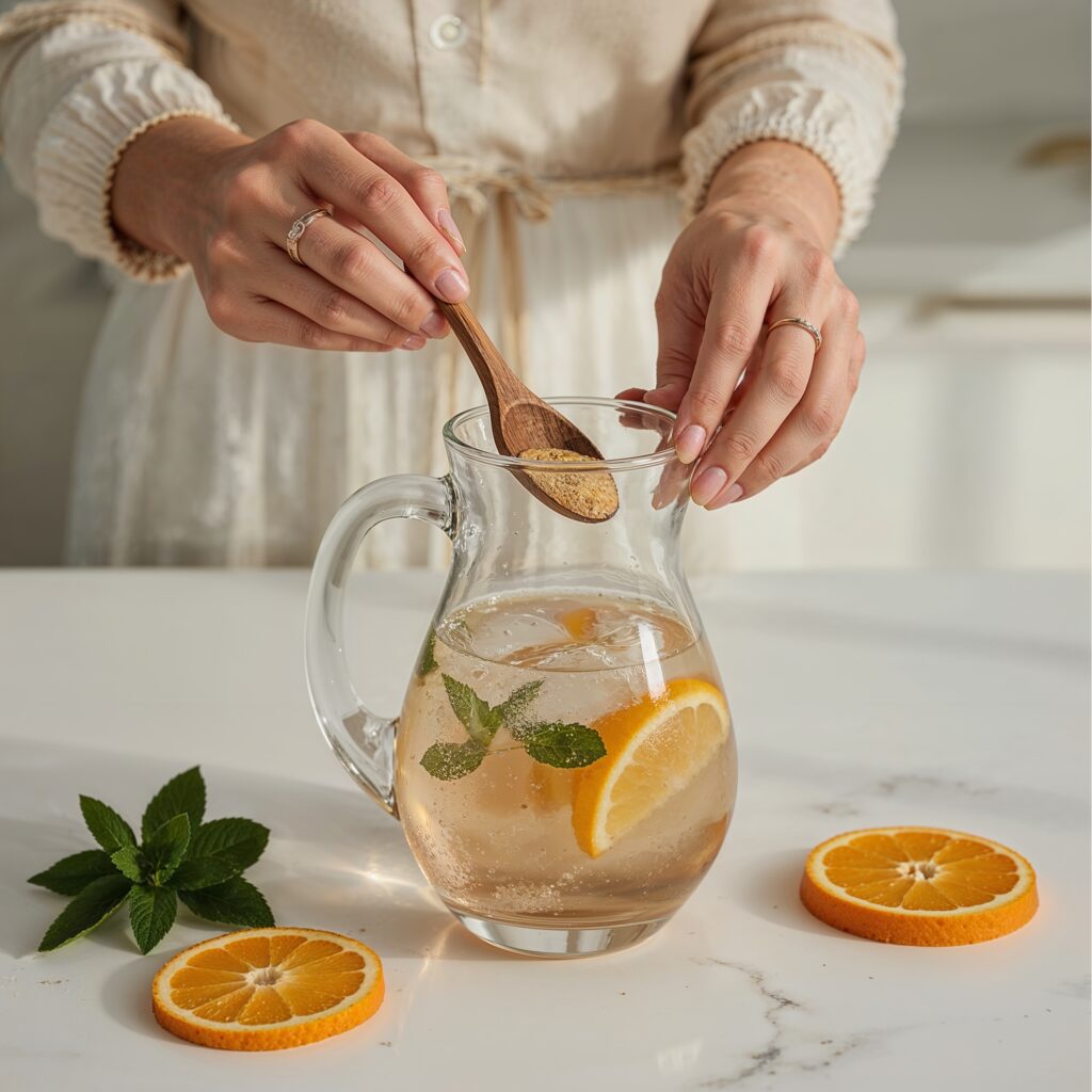 Stirring mushroom adaptogen blend in a pitcher of citrus water