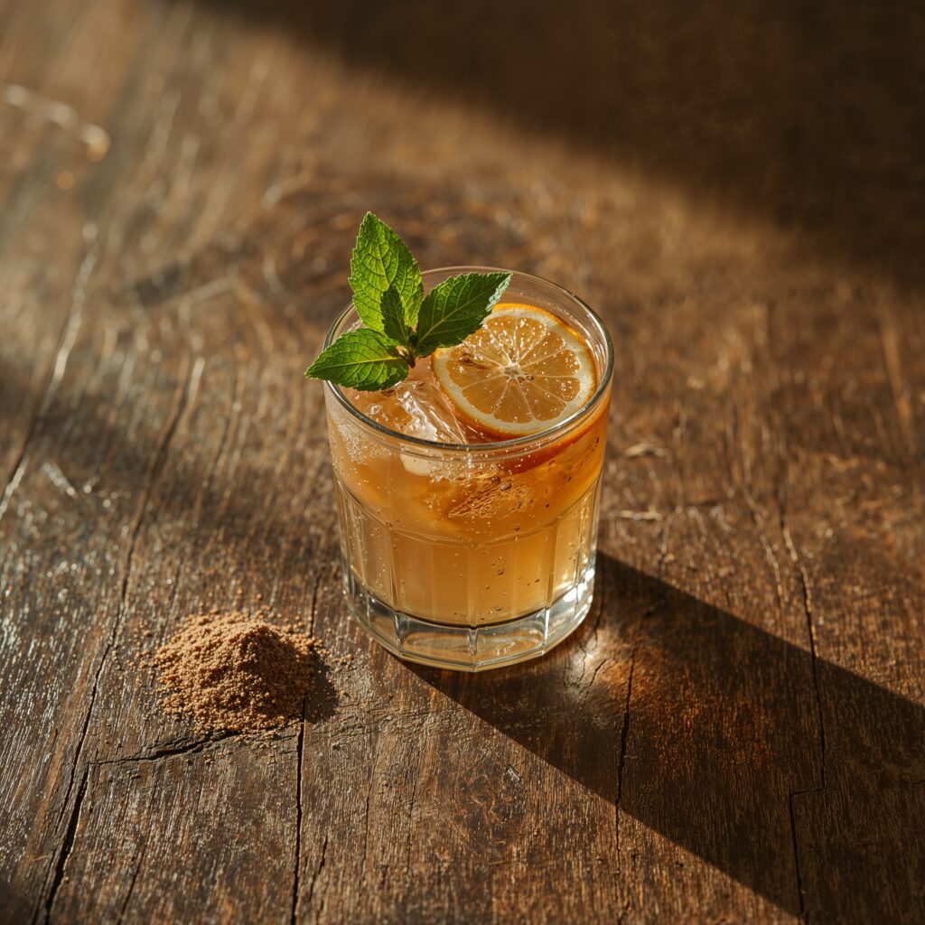 cold drink mushroom adaptogen with citrus and mint on rustic table
