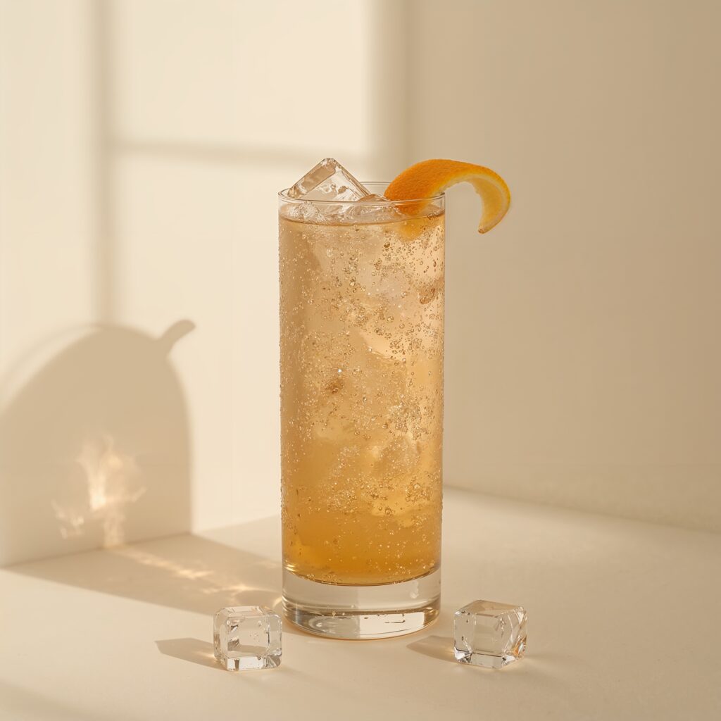 Cold sparkling adaptogen mushroom drink in glass with citrus and bubbles