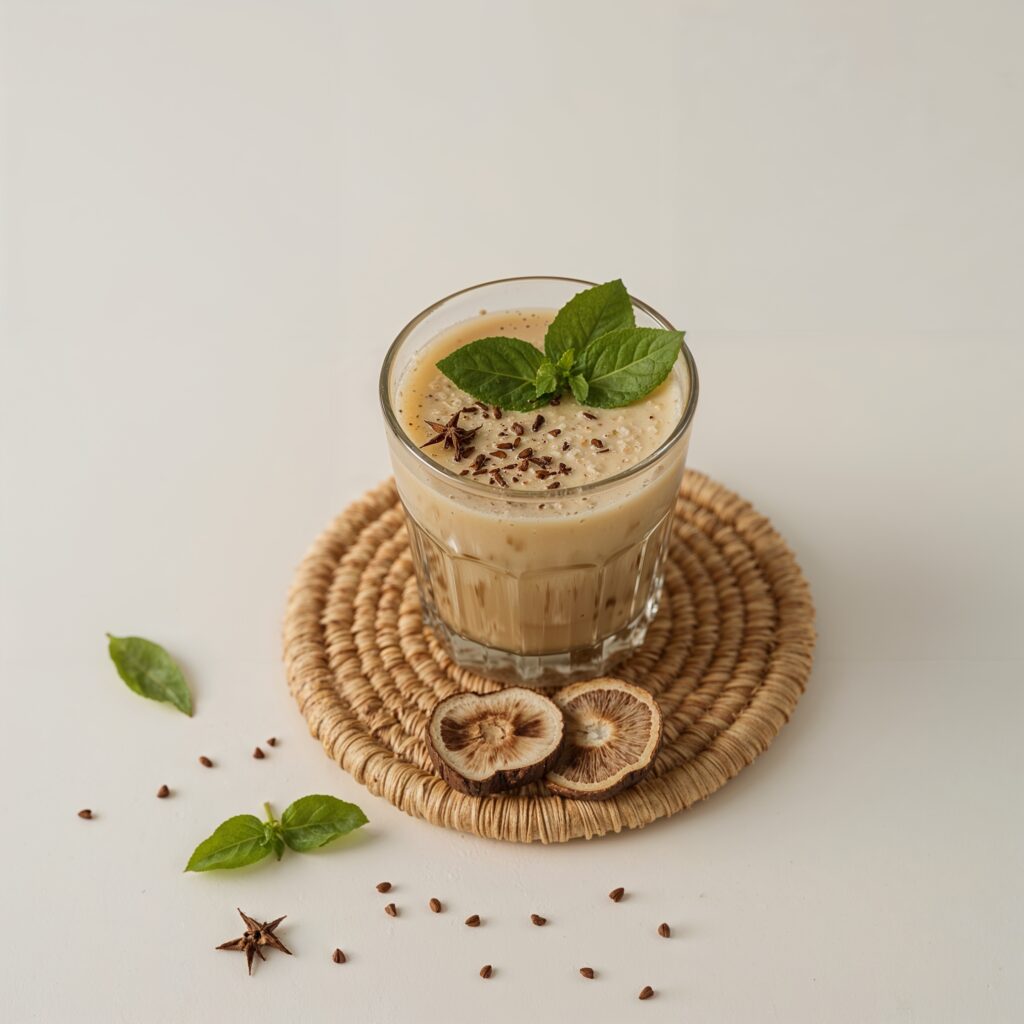 Glass of the best adaptogen drinks for anxiety featuring calming herbal ingredients
