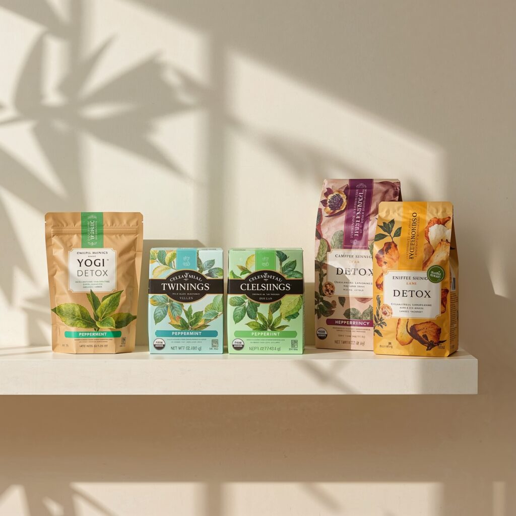 Lineup of Yogi, Twinings and Celestial Seasonings detox teas