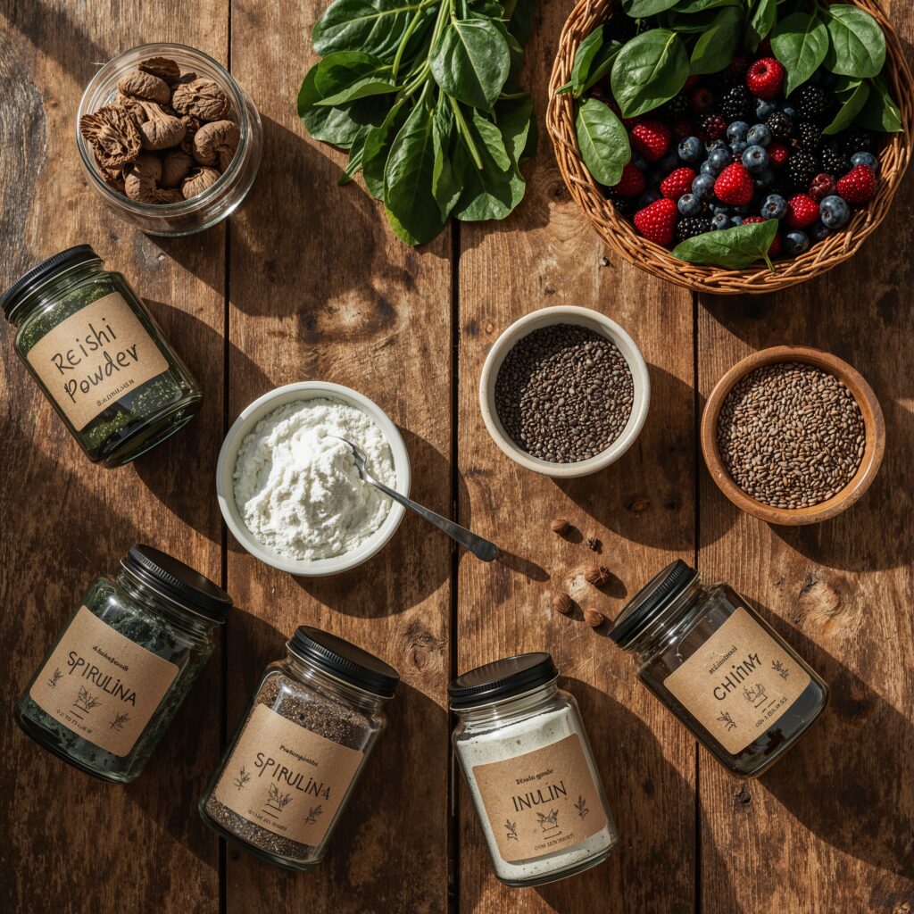Flat lay of ingredients used in adaptogen prebiotic antioxidant phytonutrient drinks