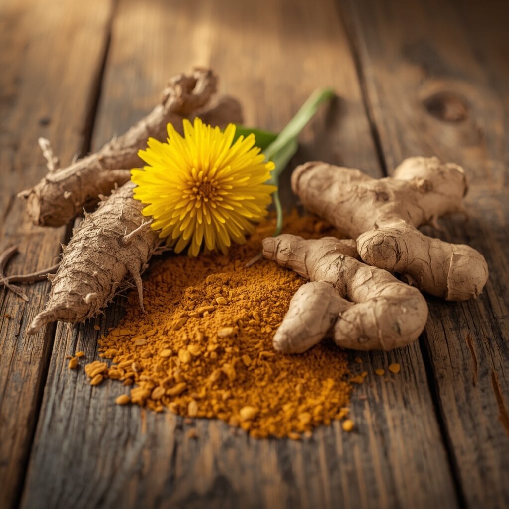 Herbs for liver and kidney detox including dandelion root, milk thistle, turmeric, and ginger.