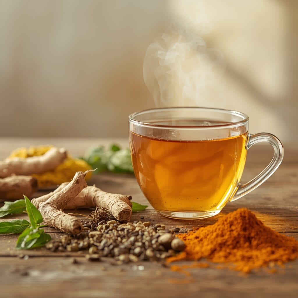 A cup of  Liver and Kidney Detox Tea with dandelion root, milk thistle, and turmeric for liver and kidney health.