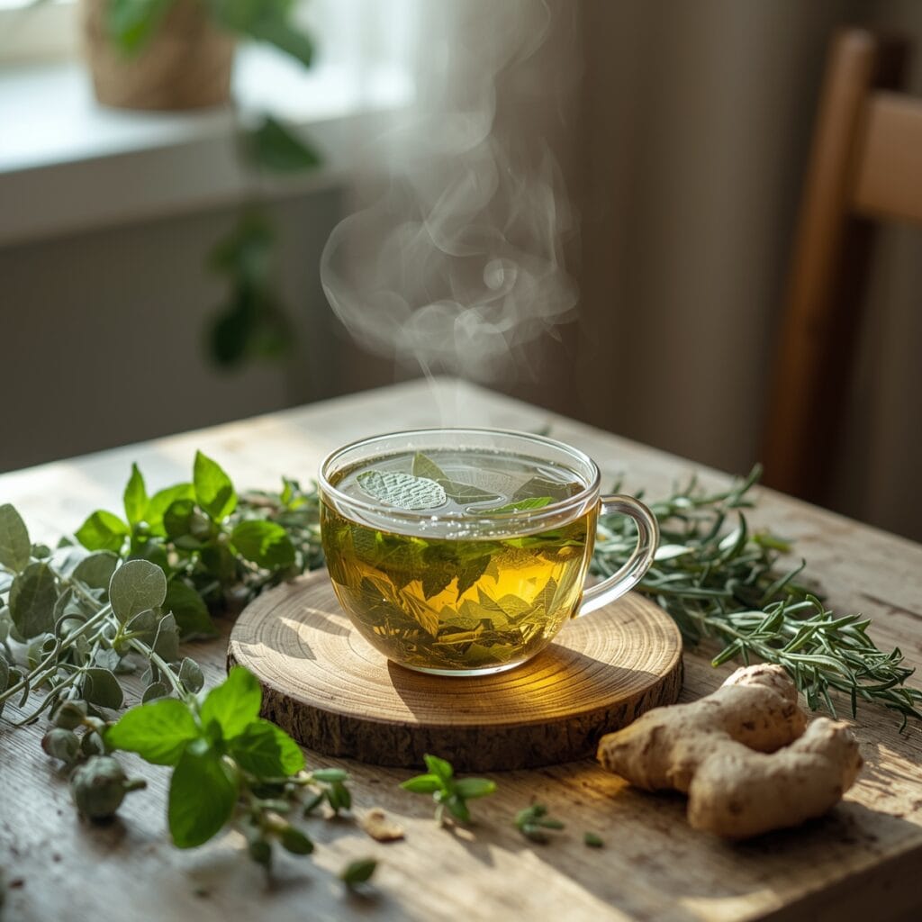 A steaming cup of herbal detox tea made with mullein, peppermint, and ginger in a peaceful environment.