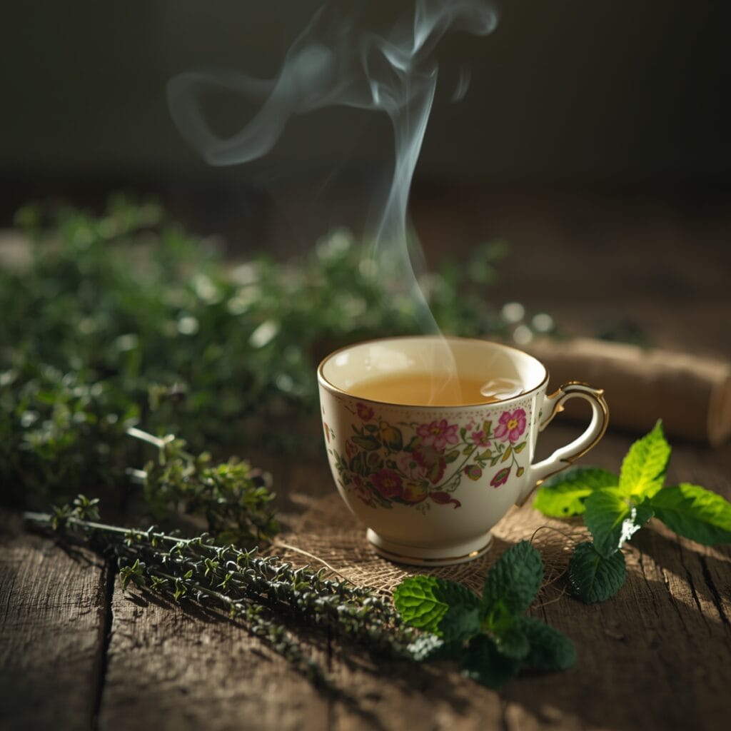 A calming scene with mullein tea and herbs like thyme and peppermint, highlighting their role in lung health.