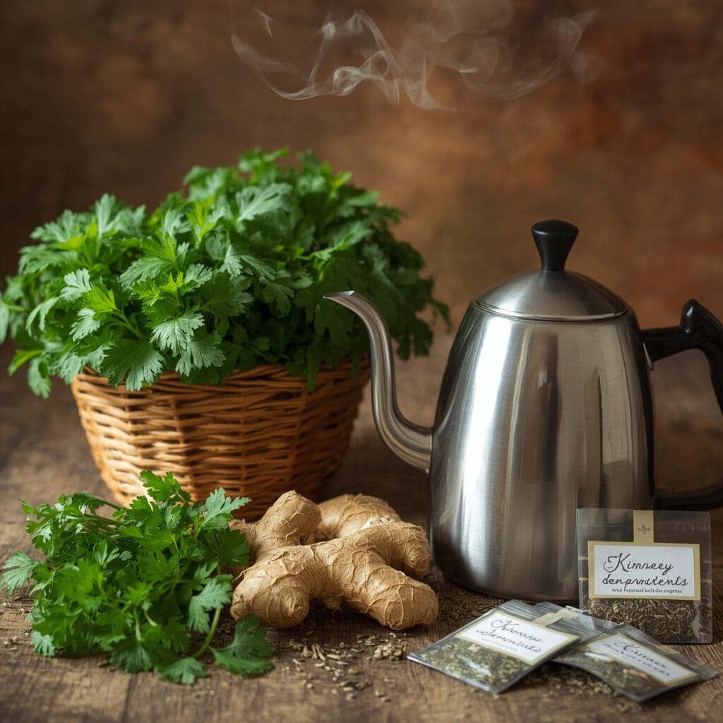 Fresh herbs like nettle, ginger, and parsley supporting kidney detox.