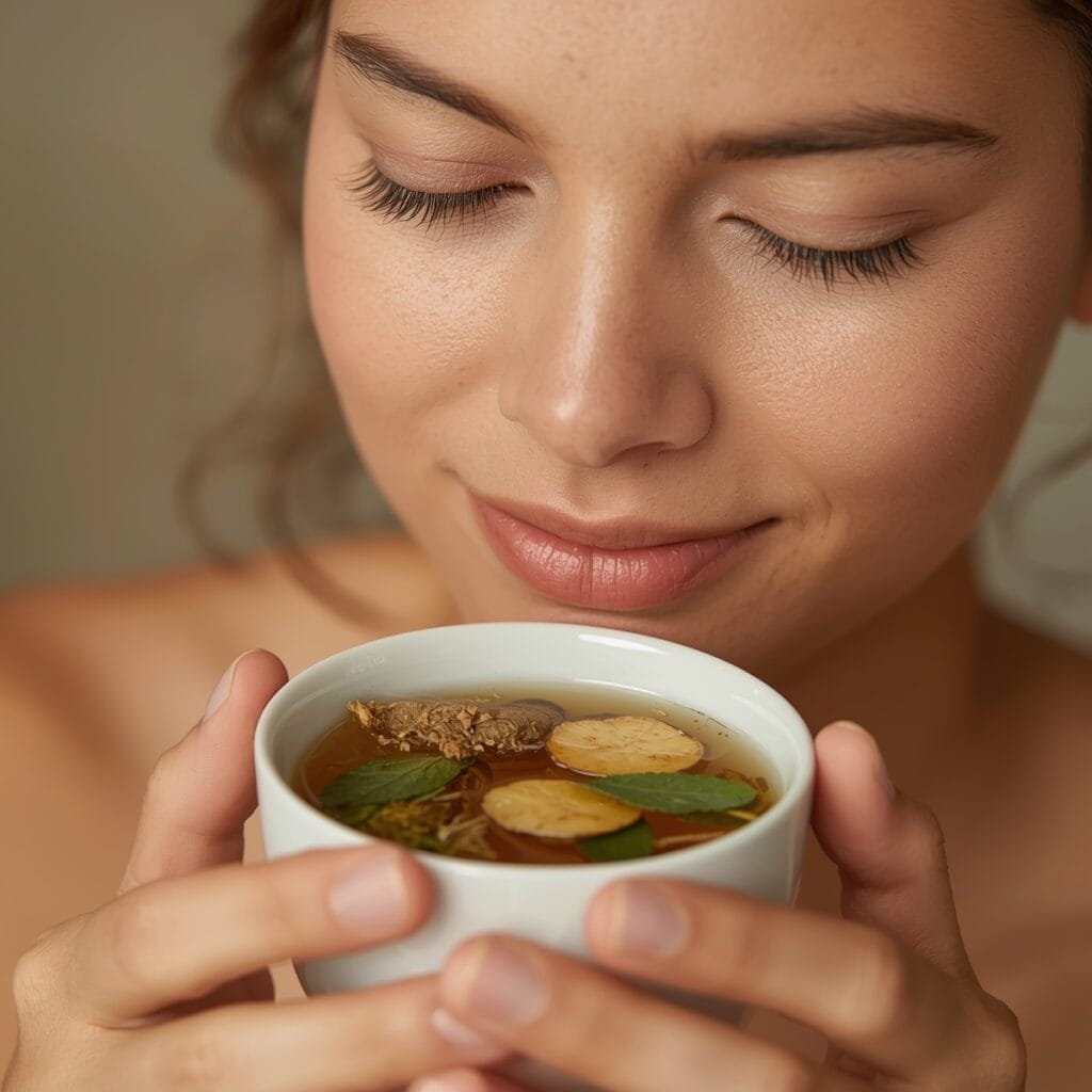 A person drinking lung detox tea made with ginger, mullein, and peppermint in a cozy, natural setting.