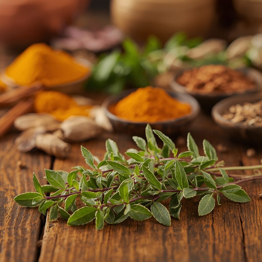 Fresh Tulsi leaves on a rustic wooden table with spices.