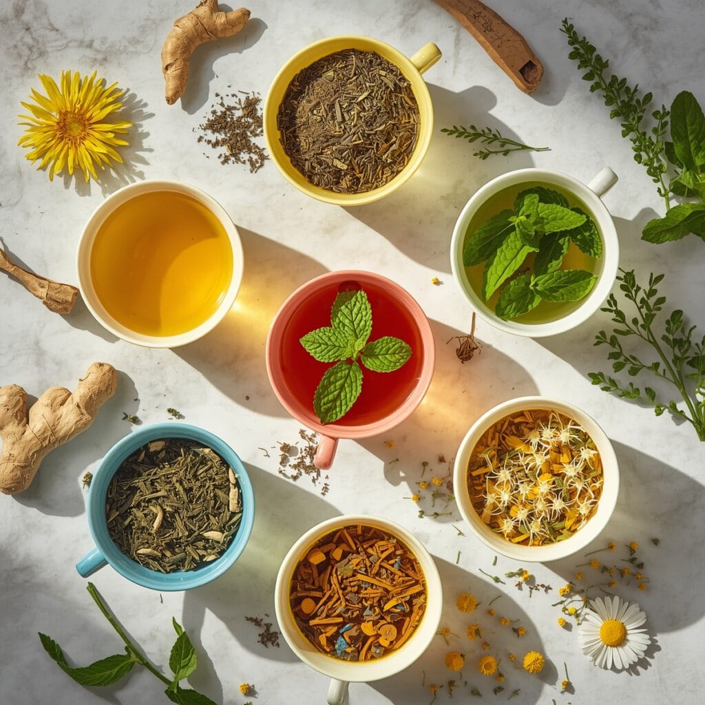 A collection of seven herbal teas for detoxification: Dandelion root tea, Ginger tea, Peppermint tea, Turmeric tea, Nettle leaf tea, Chamomile tea, and Lemon balm tea, arranged with fresh herbs like dandelion root, ginger, peppermint, turmeric, nettle leaves, chamomile flowers, and lemon balm.