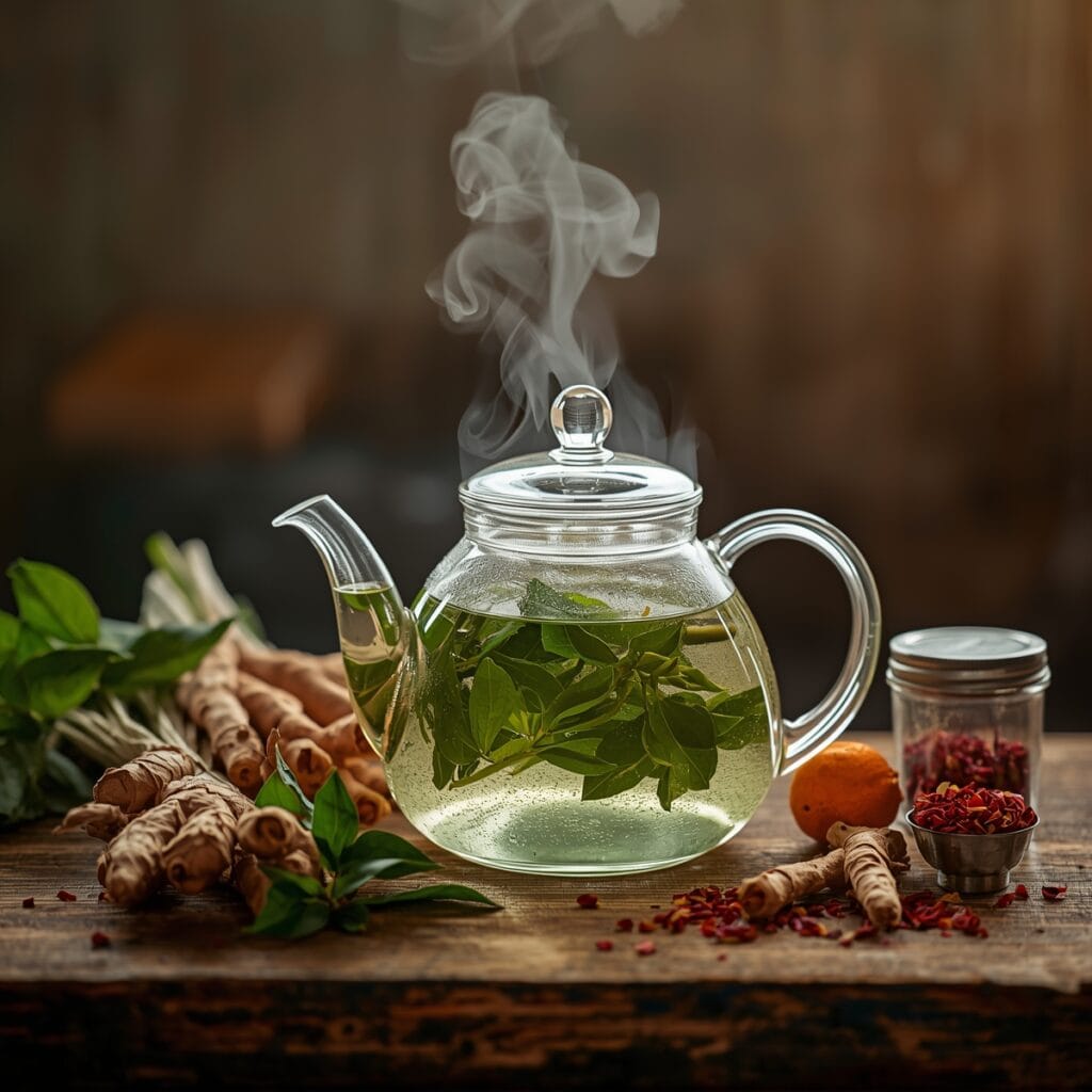Brewing Tulsi detox tea with herbs in a glass teapot.