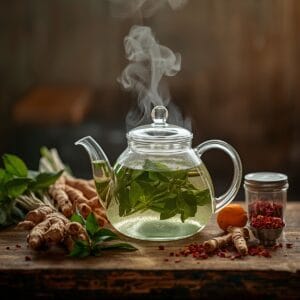 Brewing Tulsi detox tea with herbs in a glass teapot.
