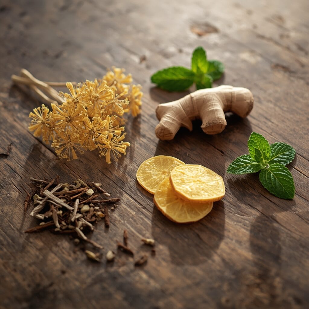 A flat lay of mullein, ginger, and peppermint leaves on a wooden table, showcasing the herbs used in lung detox teas.