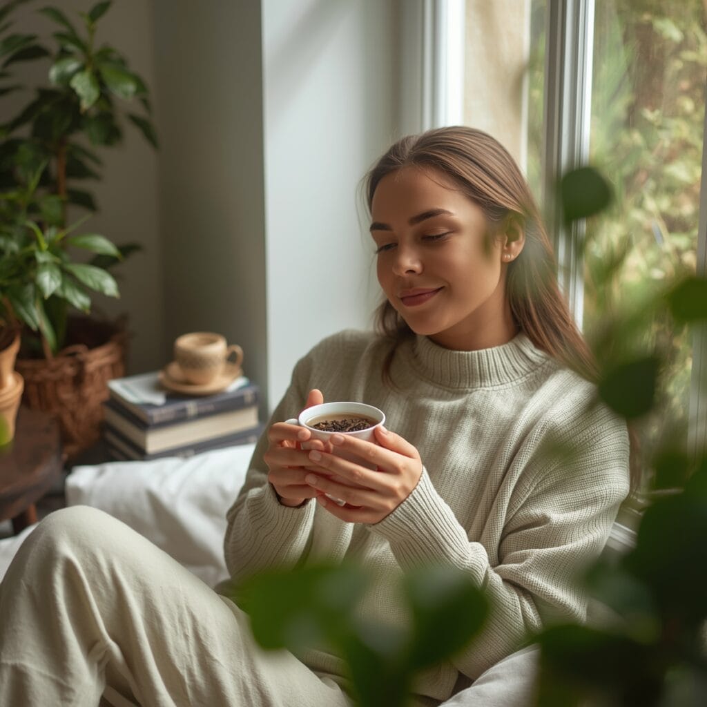 A person enjoying a warm cup of herbal detox tea for liver and kidney health.