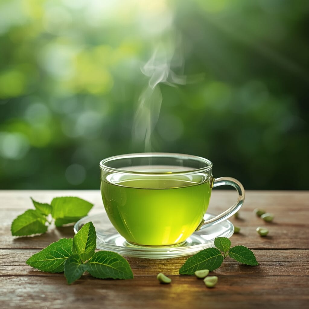 A cup of green tea surrounded by fresh leaves promoting detoxification and wellness.