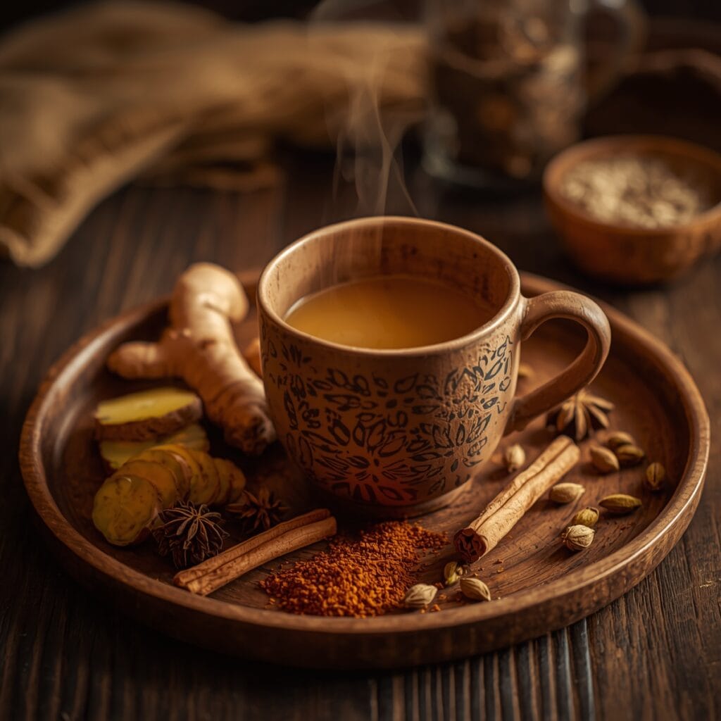 Tulsi Detox Kahwa with ginger, cinnamon, and cardamom.