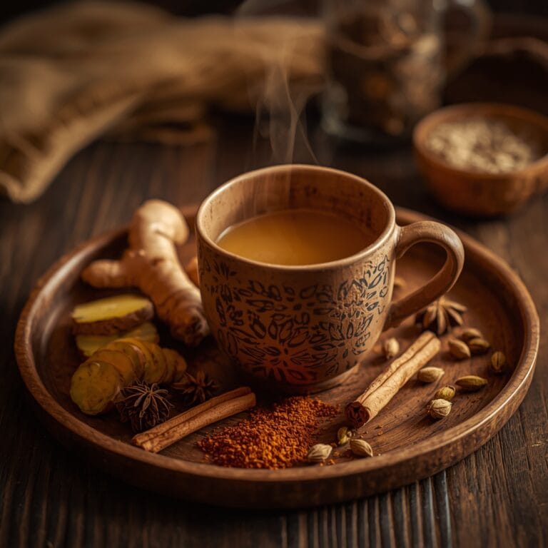 Tulsi Detox Kahwa with ginger, cinnamon, and cardamom.