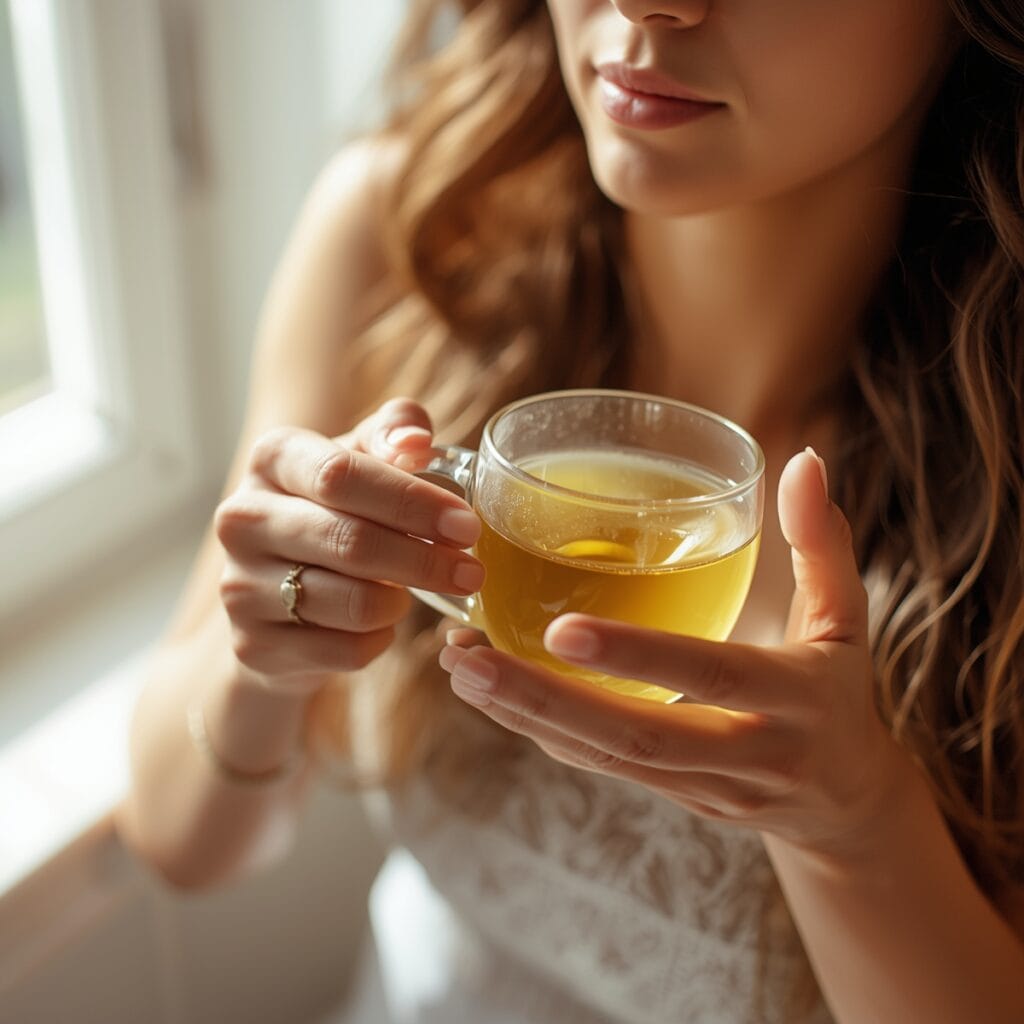 A woman enjoying a cup of green tea as part of a daily detox routine.