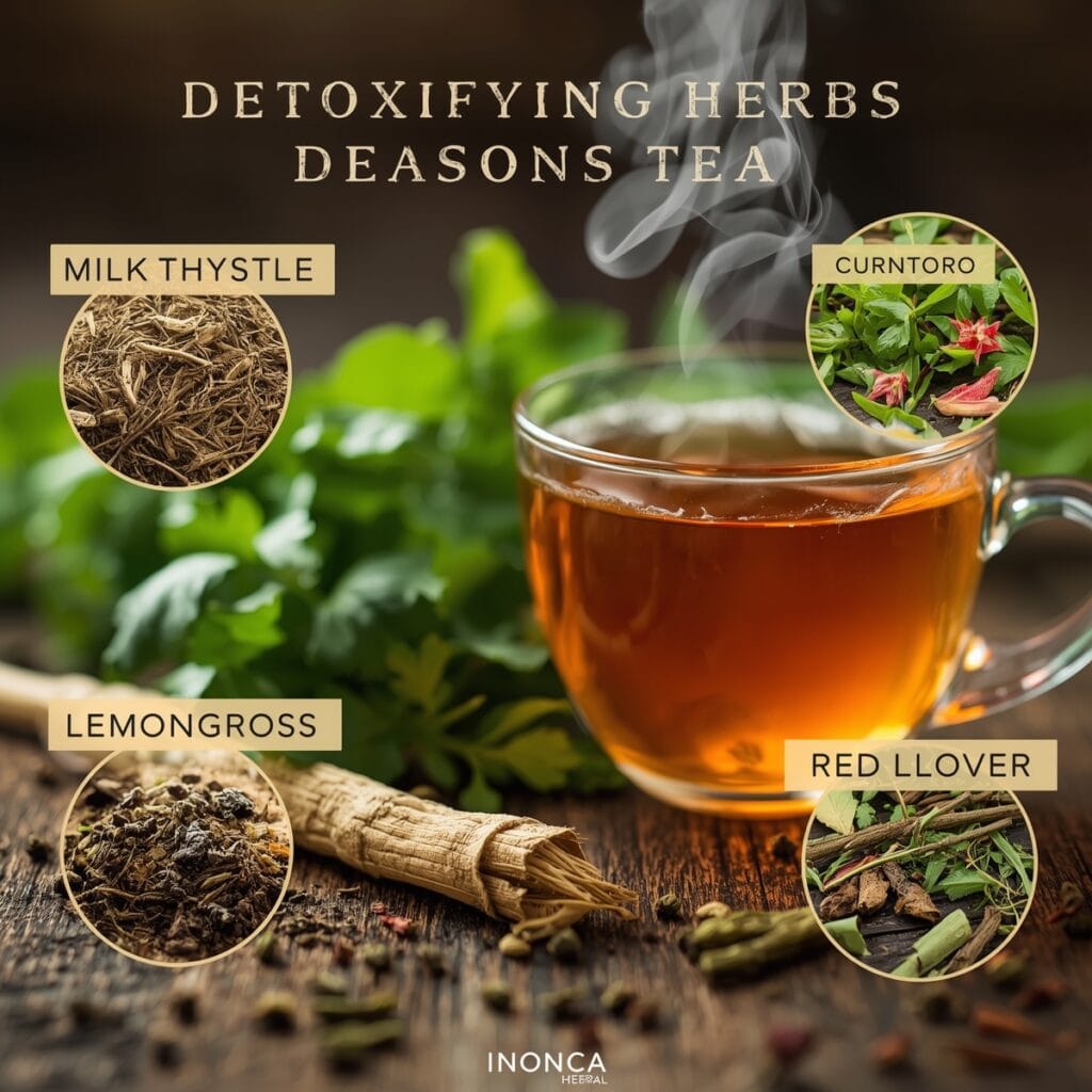 Herbs like Milk Thistle, Burdock Root, Cilantro, Lemongrass, and Red Clover used in detox teas.
