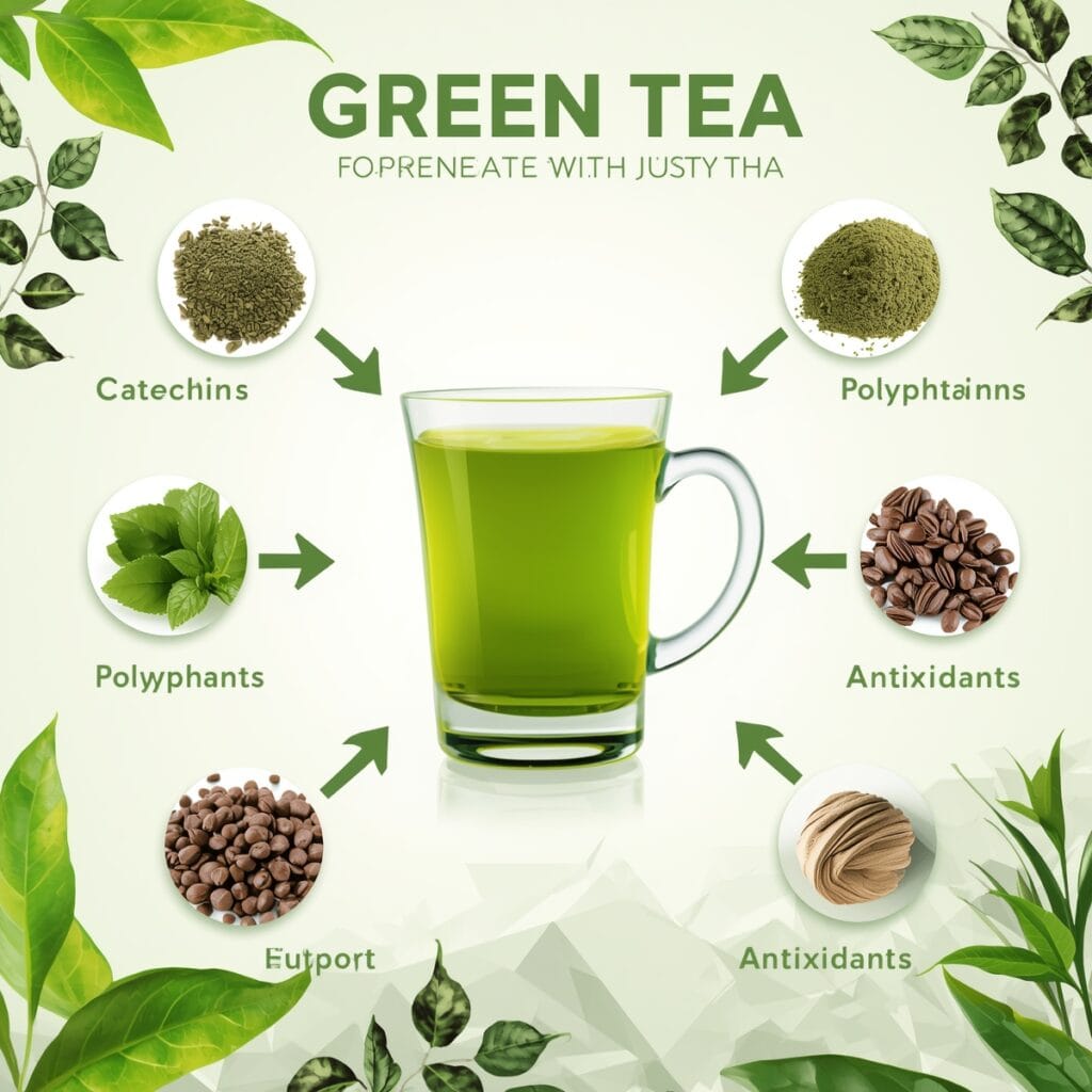 Infographic showing the detoxifying compounds in green tea, such as catechins and antioxidants.