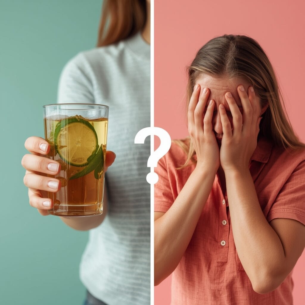  A split image showing one person feeling refreshed with detox tea, while the other experiences discomfort due to overuse.
