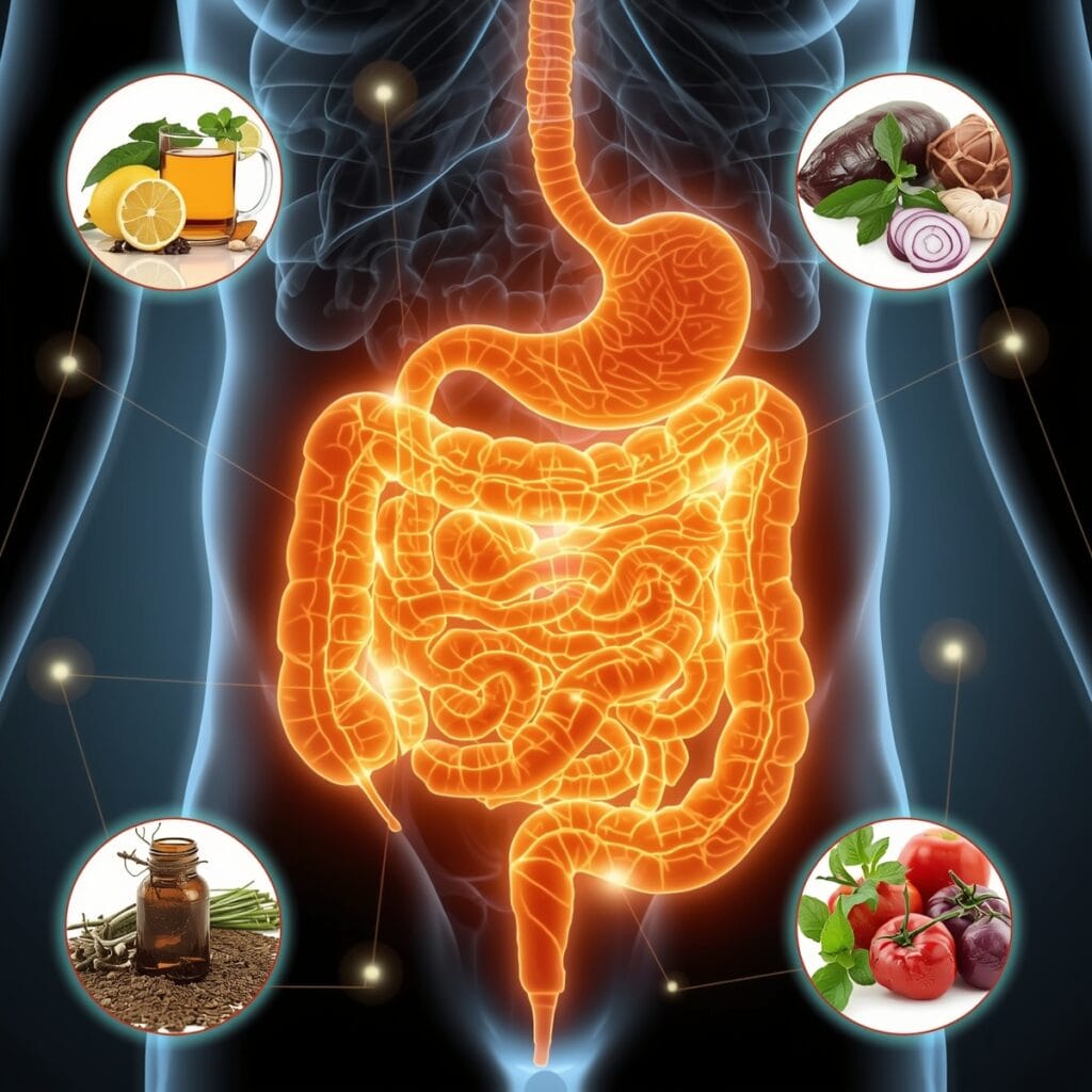 A glowing, clean colon surrounded by herbal teas, fruits, and vegetables symbolizing detoxification and wellness.