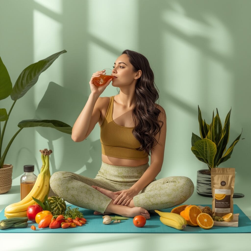 A person enjoying a healthy lifestyle with colon detox tea, surrounded by fruits, vegetables, water bottles, and yoga equipment.