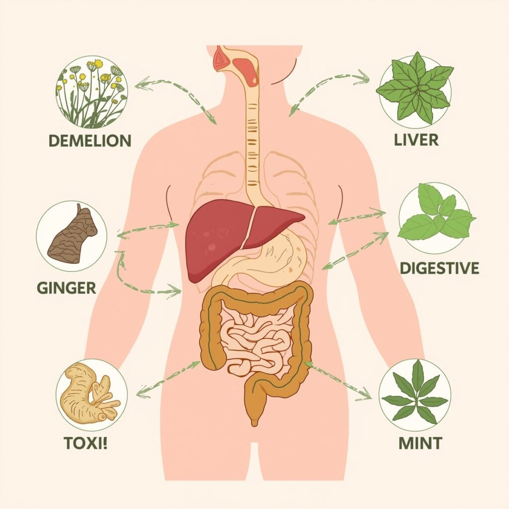 Herbal teas that detox the body with liver, kidneys, and digestive system, supported by herbal teas.