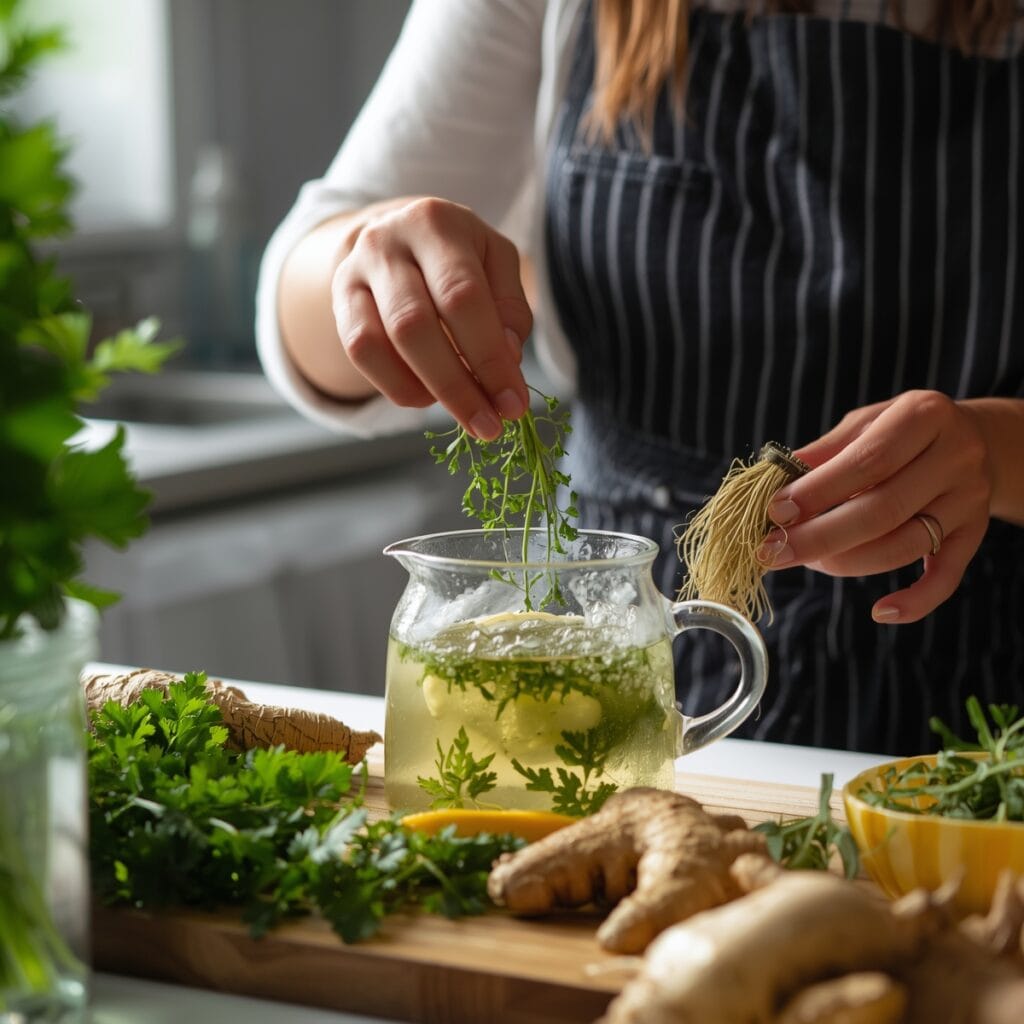 A person preparing kidney detox tea using fresh herbs like dandelion root, ginger, and parsley in a well-lit kitchen.
