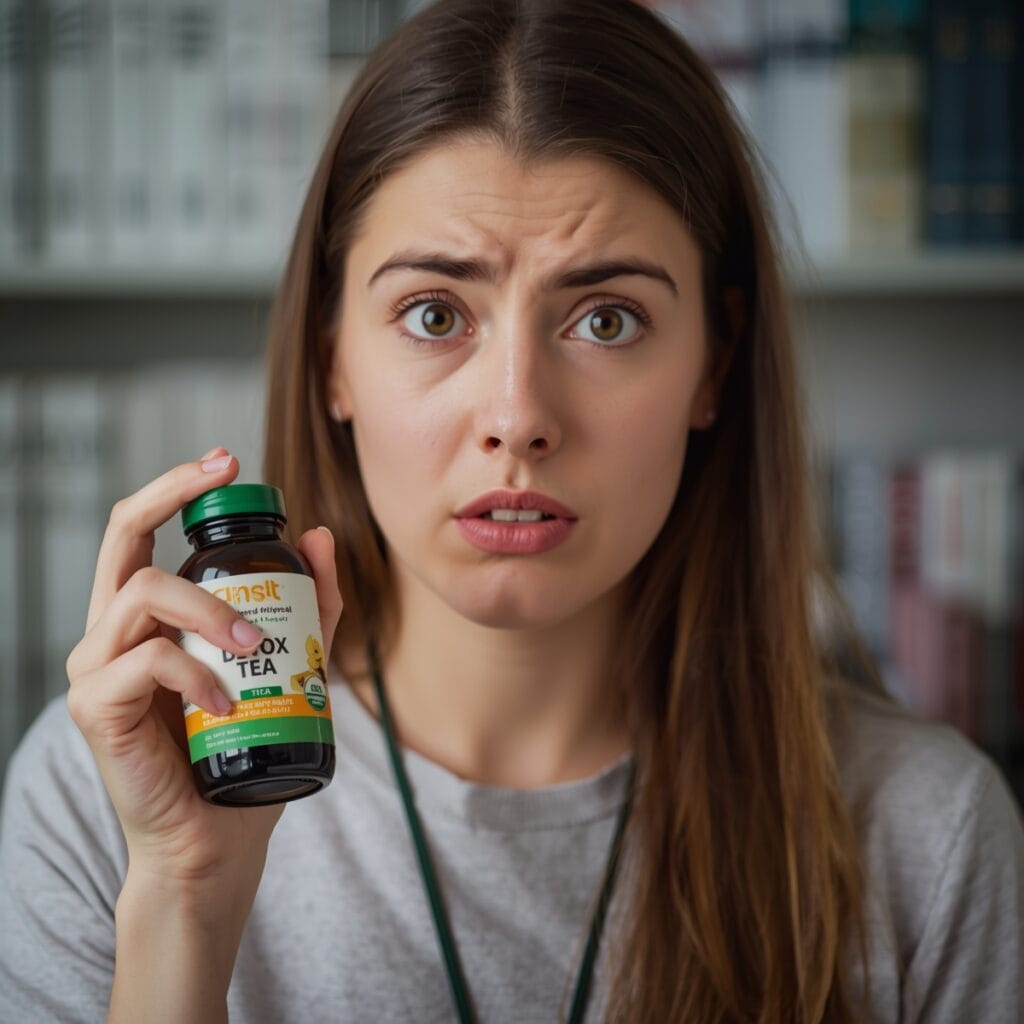 A person looking confused while reading a label on a detox tea bottle, symbolizing the myths surrounding kidney detox.