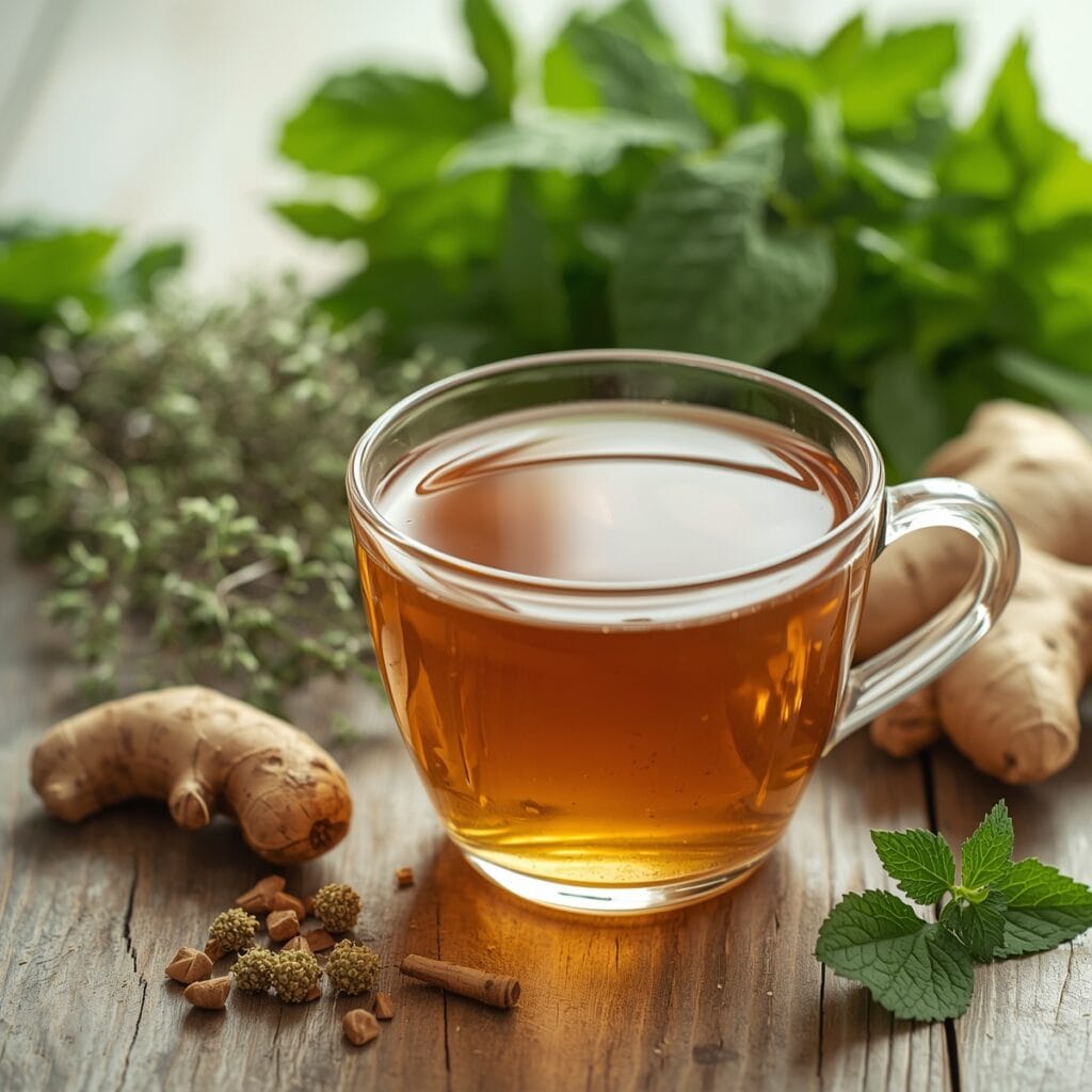 A cup of herbal kidney detox tea with fresh herbs like dandelion root, ginger, and nettle leaf in a natural setting.