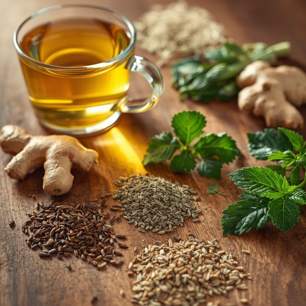 A close-up of herbal teas like dandelion root tea, ginger tea, and nettle leaf tea with fresh herbs, highlighting their use for kidney detox.
