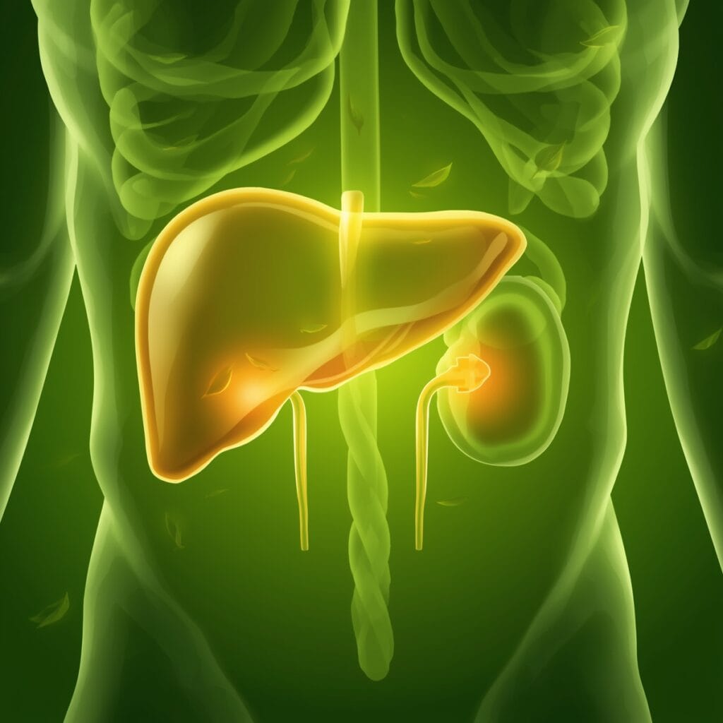 Illustration of a healthy liver and kidney with green tea symbolizing detoxification.