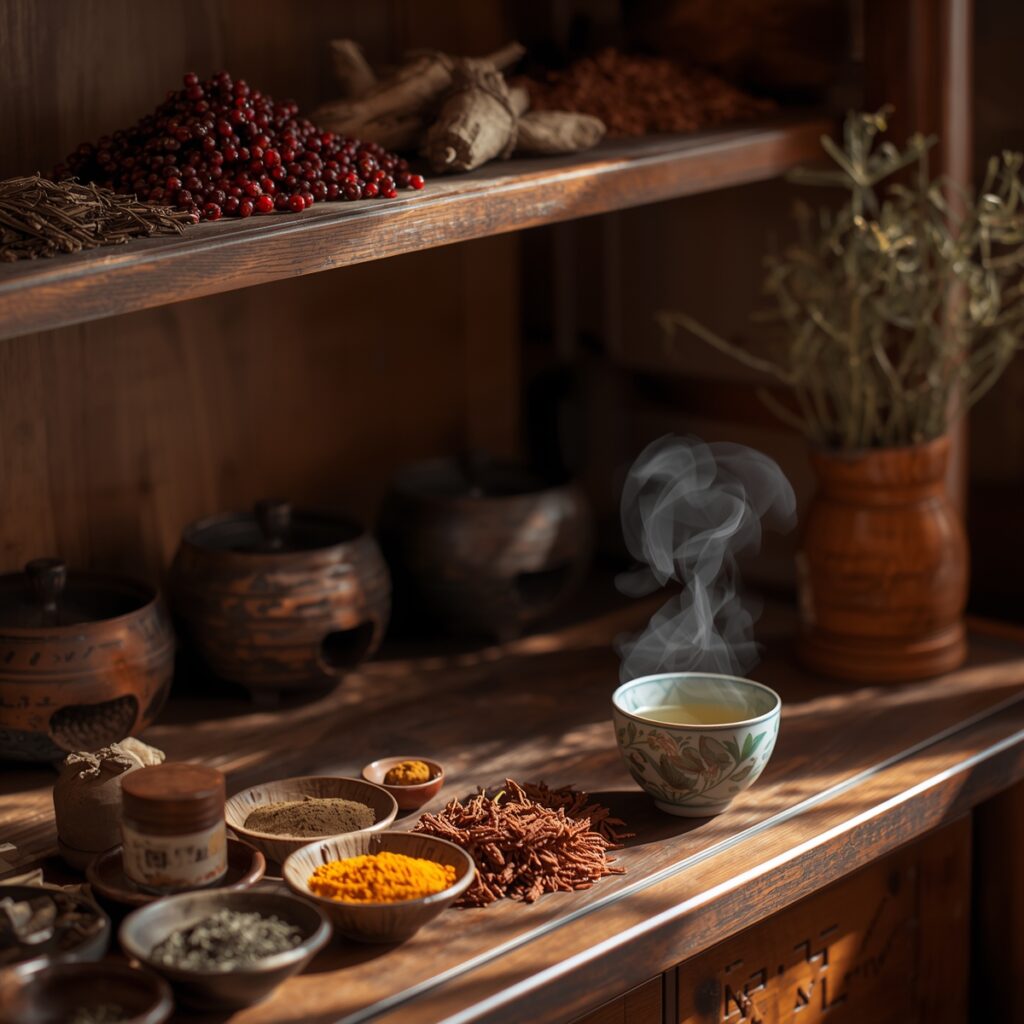 Traditional Chinese herbs for liver detox including Schisandra, dandelion root, and turmeric in an apothecary setting