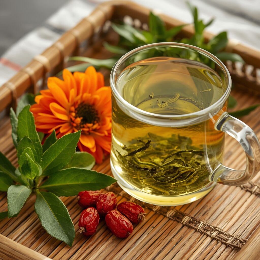 Cup of Chinese green tea with chrysanthemum and goji berries for liver detox and cleansing”