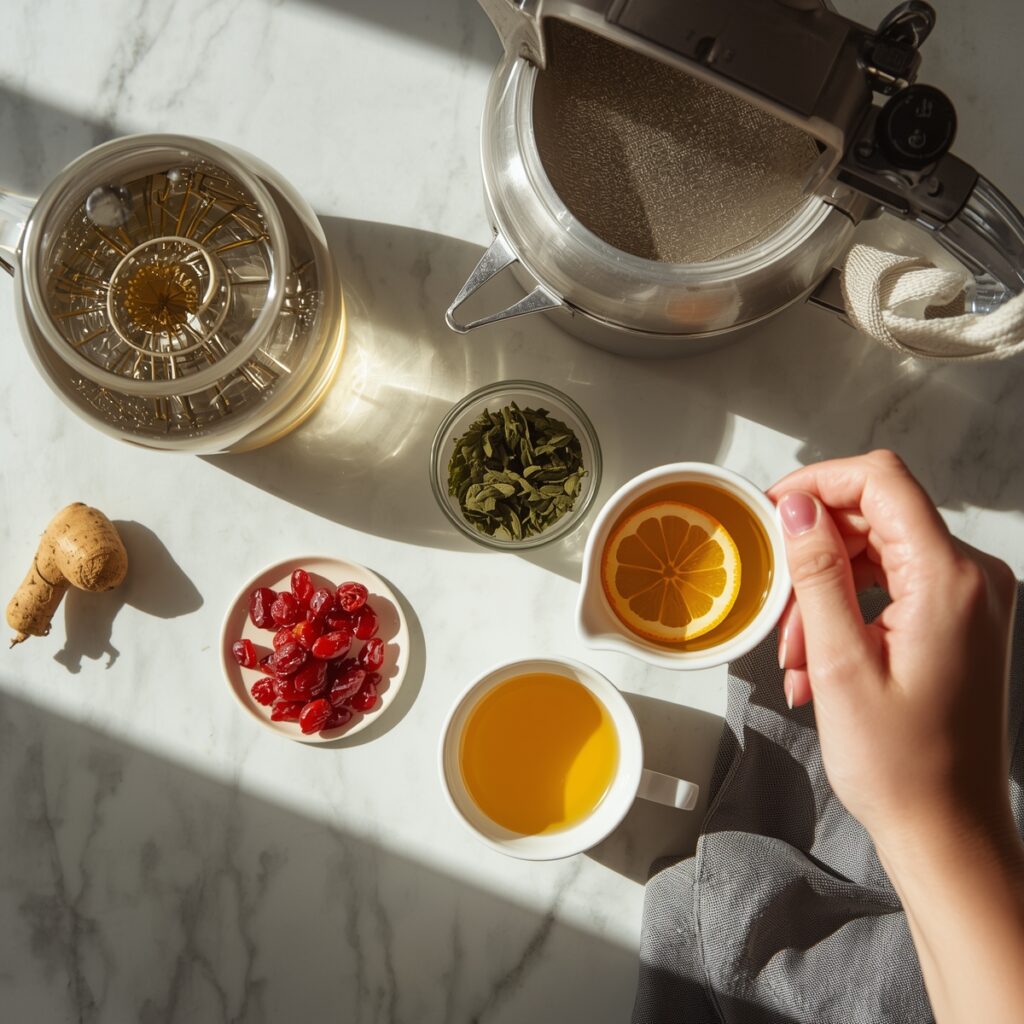 Homemade Chinese liver detox tea with goji berries, dandelion root, turmeric, and green tea leaves