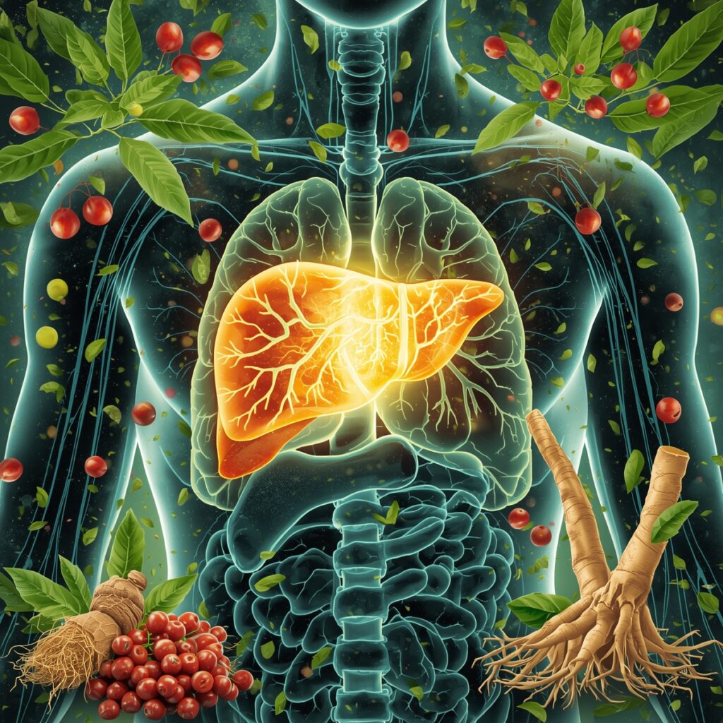 Illustration of liver detox supported by Chinese herbs like ginseng, goji berries, and green tea antioxidants