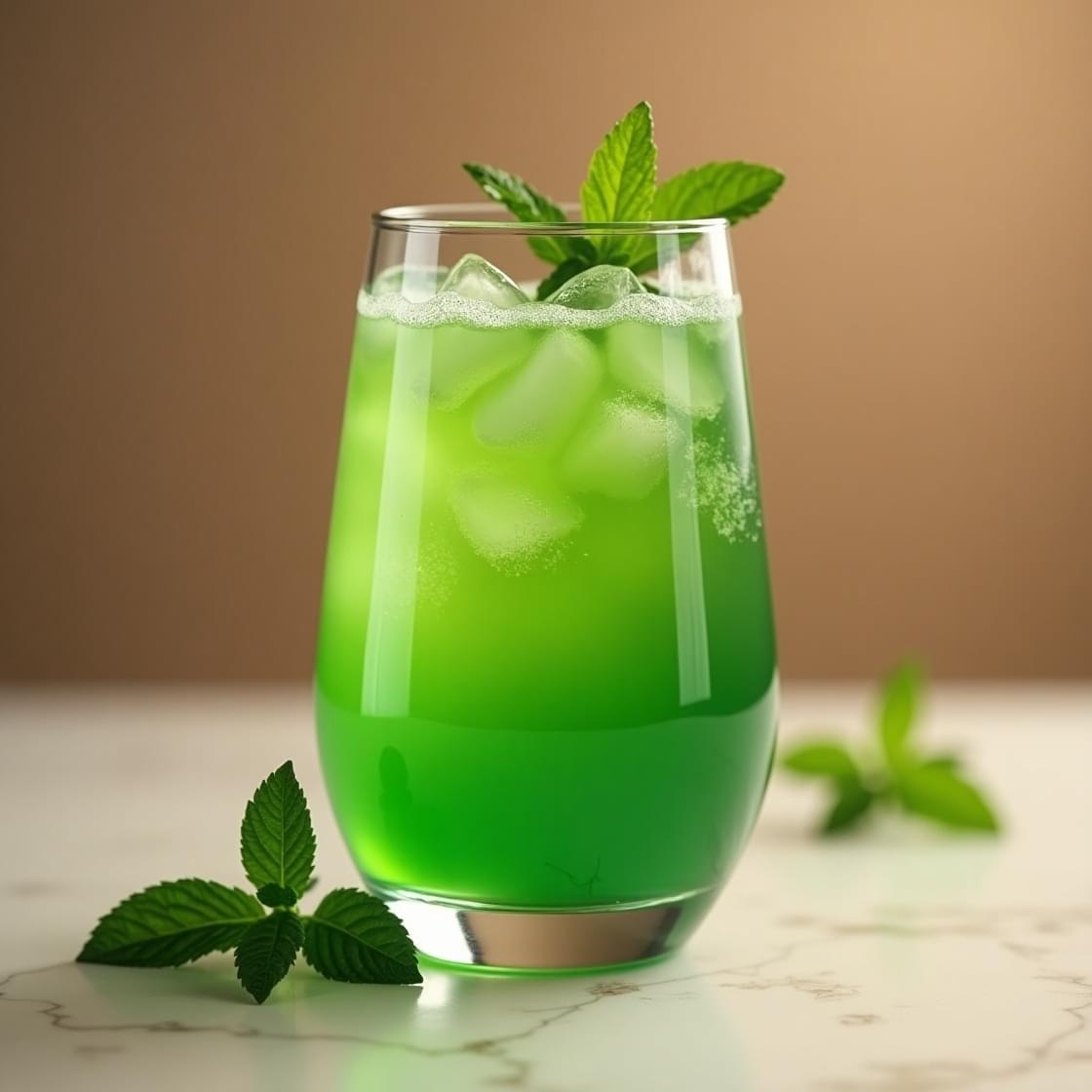 Refreshing green drink detox with ice cubes and mint leaves served in a clear glass on a white marble surface.