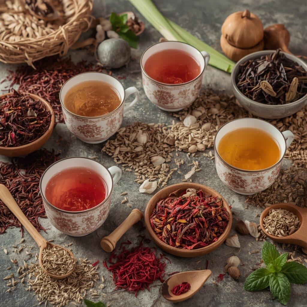 Herbal detox teas in teacups with hibiscus, fennel, and rooibos ingredients