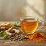A cup of Liver and Kidney Detox Tea with dandelion root, milk thistle, and turmeric for liver and kidney health.