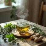 A steaming cup of herbal detox tea made with mullein, peppermint, and ginger in a peaceful environment.
