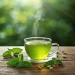 A cup of green tea surrounded by fresh leaves promoting detoxification and wellness.