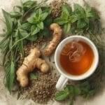 Herbal ingredients for colon detox tea including senna leaves, ginger roots, peppermint leaves, and dandelion roots, with a steaming cup of tea.